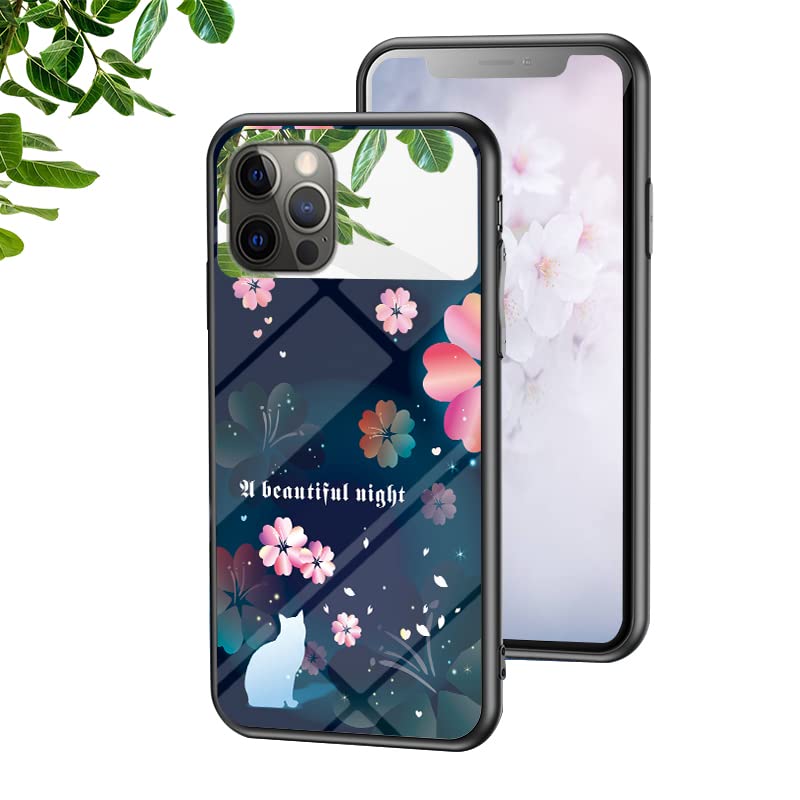 Huzhide iPhone 13 Pro Max Case, Cherry Blossoms Design Back Cover for Girls Women Smooth Glass Skin Soft Silicone TPU Bumper Shockproof Slim Protective Phone Case for iPhone 13 Pro Max, Sakura Cat