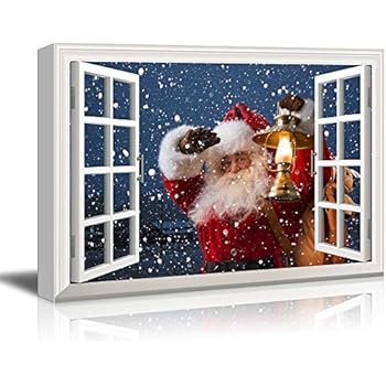 wall26 - Canvas Print Wall Art - Window Frame Style Wall Decor - Santa Claus Carrying Gifts Coming on Christmas Eve | Giclee Print Modern Home Decor. Stretched & Ready to Hang - 24