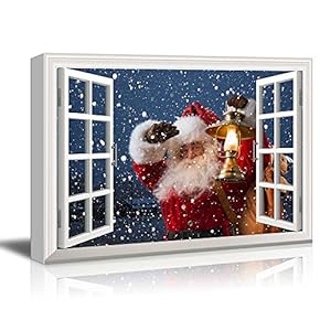 Canvas Print Wall Art - Window Frame Style Wall Art - Santa Claus Carrying Gifts Coming on Christmas Eve | Giclee Print Modern Home Decor. Stretched & Ready to Hang - 24" x 36"