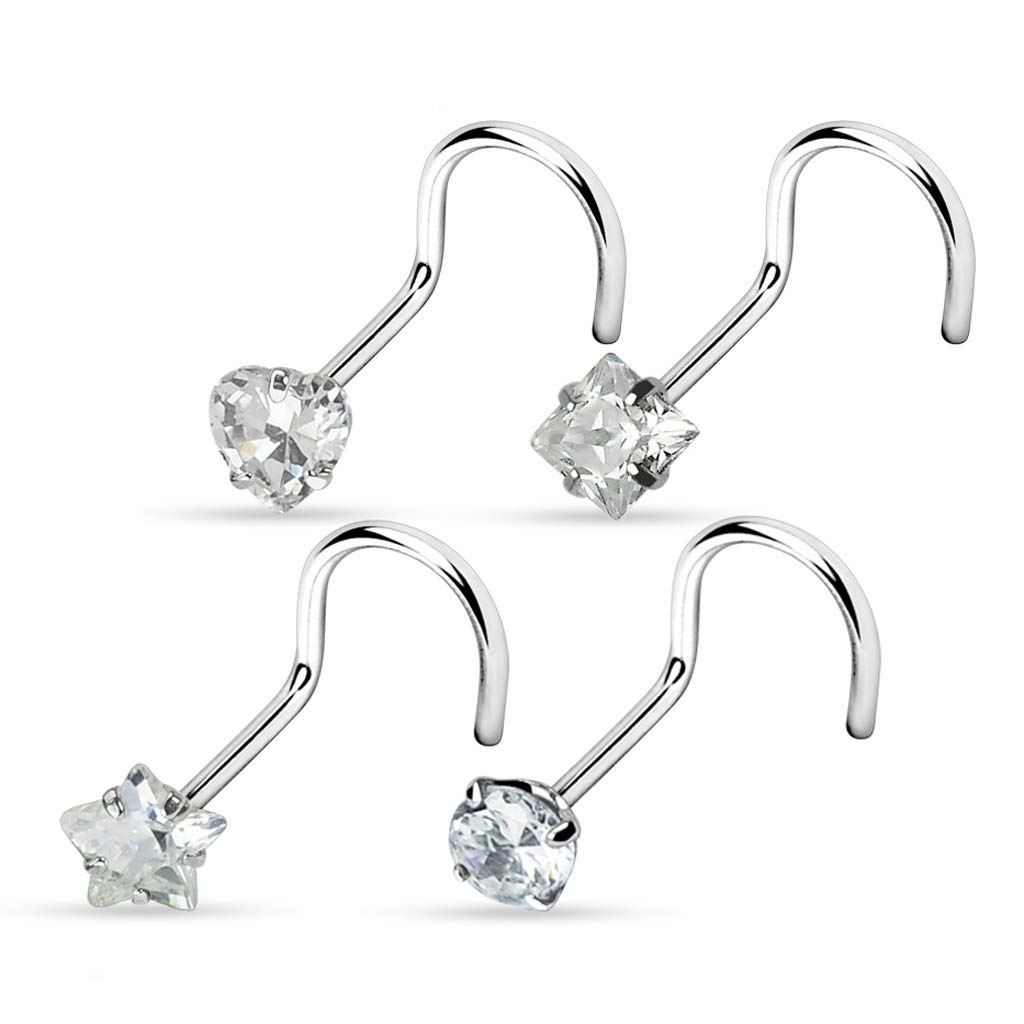 Gekko Body Jewellery 4 Pack of Assorted Clear Prong Set CZ Gem Nose Screws Surgical Steel