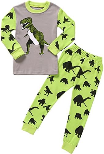 Boys Pajama Dinosaur Kids Sleepwear Toddler Clothes 100% Cotton Long Sleeve 2-Piece Set 2-8T Green