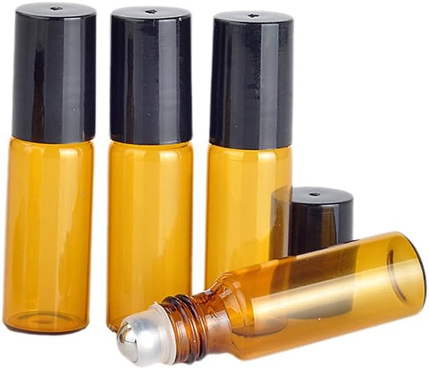 20 Sets Mini Amber Glass Roller Bottle Empty Essential Oil Metal Roller Ball Bottles Containers Cosmetic Perfume Lip Balms Glass Roll On Bottles (5ml)