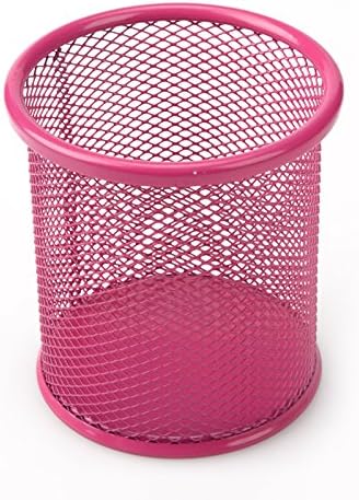 Round Metal Mesh Pen Pencil Holder Desk Organizer Container (Pink)