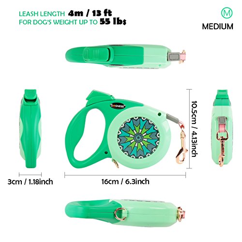 DOGNESS Retractable Dog Leash, The Elegance Series, One Button Brake & Lock with Anti-Slip Handle, Strong Nylon Ribbon Tape, 13 ft Long, for Small Medium Dogs, Green