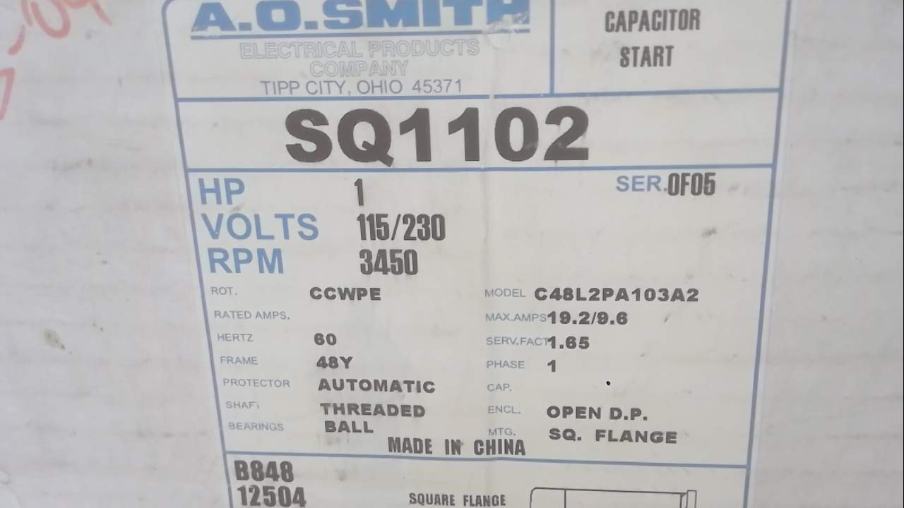 Ao Smith Corp Sq1102, Sqaure Flange Pump Motor, Capacitor-Start, Sq1102