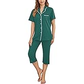 Womens Capri Pajamas Set Button Down Short Sleeve Lounge Sets Sleepwear Notch Collar Top & Capri 2 Piece PJ Sets