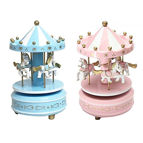 Wooden Merry-Go-Round Carousel Music Box Kids Toys Gift Wind-Up Musical Box - Thumbnail 3