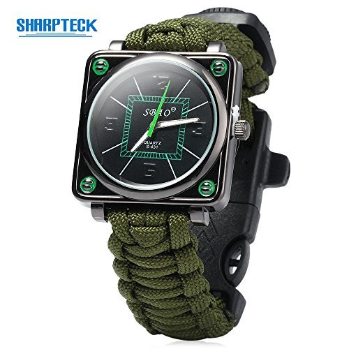 SHARPTECK Adjustable Paracord Outdoor Watch with Survival Compass Whistle Fire Starter Watchband Bracelet Green
