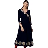 Yash Gallery Women's Cotton Slub Patch Work Angrakha Kurta for Summer | V Neck,3/4 Sleeves,Wrap Front,Side Dori Tassels,Printed Neck Detail,Round Motifs At Bottom,Simple Ethnic Look