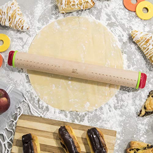 K BASIX Beech Wood Adjustable Rolling Pin with Multicolored Removable Rings Classic for Baking Dough Pizza Pie and Cookies