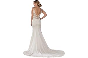 HANSHI E-COMMERCE Mermaid Wedding Dresses for Bride Lace Beach Tulle Applique V-Neck Spaghetti Straps Boho Bridal Dress for Bride with Train