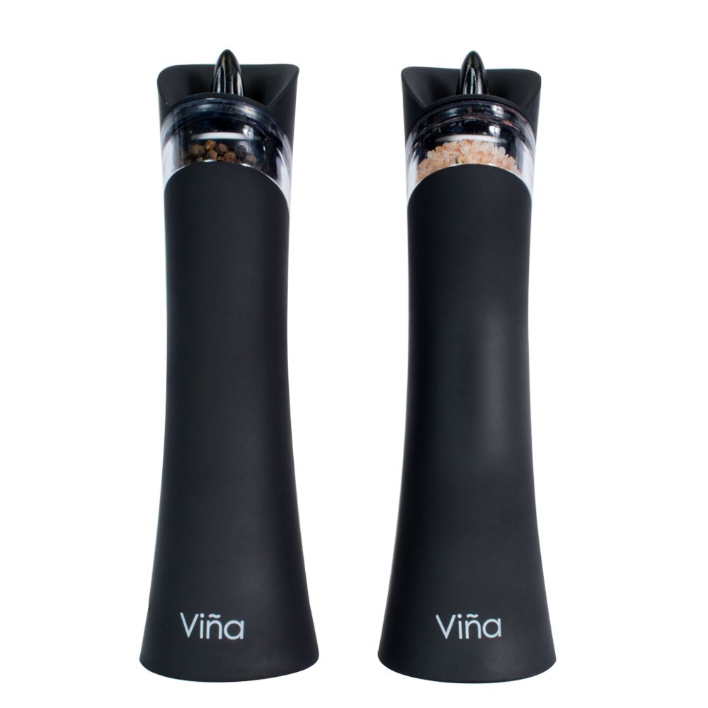Vina Electric Gravity Salt Pepper Grinder Set, Adjustable Grinding Coarseness Automatic Shaker Mills with Ceramic Core, Free Garlic Roller Included, Pack of 2, Black