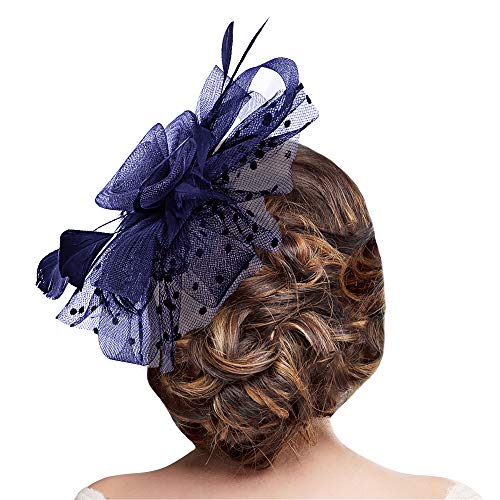 Jack & Rose Fascinator Hat Flower Feather Net Mesh Kentucky Derby Tea Party Headwear with Hair Clip and Hairband for Women or Girls Navy Blue