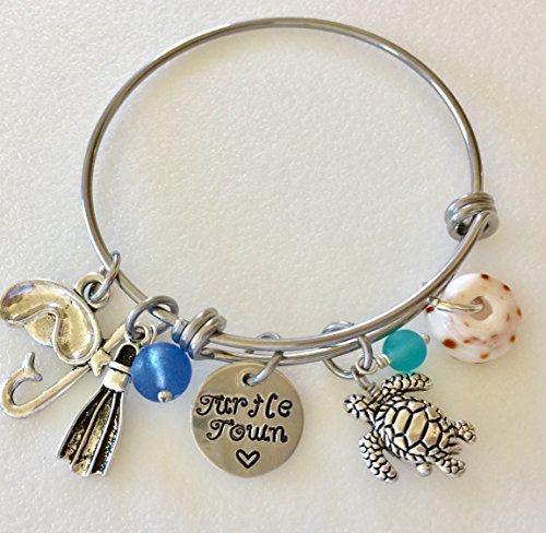 Snorkel Bangle, Scuba Diving Bracelet, Snorkeling Bangle, Hand Stamped "Turtle Town", Sea Turtle Charm Bracelet, Sea Glass, Hawaiian Puka Shell, Skin Diving, Turtle Lover, Scuba Diver Gift.