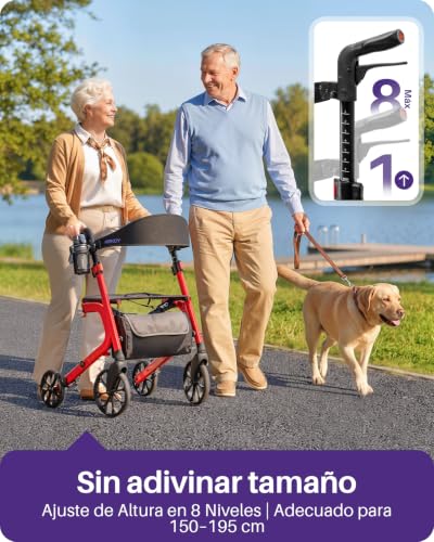 Kekoy K2 Elderly Walker with Aluminum Folding Seat, Height Adjustable, 400 lbs Load, Adult Walkers with 44cm Seat Cushion, Backrest and Storage Bag, Red