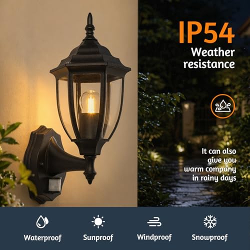 Aranzyec Motion Sensor Outdoor Wall Lights, PIR Outdoor Wall Light Mains Powered, Aluminum Outside Lantern, Waterproof Porch Light Fixtures Wall Mount for Entryway Doorway Garage, E27 Socket