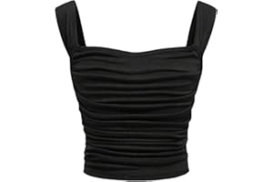 OYOANGLE Girl's Sleeveless Square Neck Wide Straps Ruched Tank Top Solid Slim Fit Crop Tops