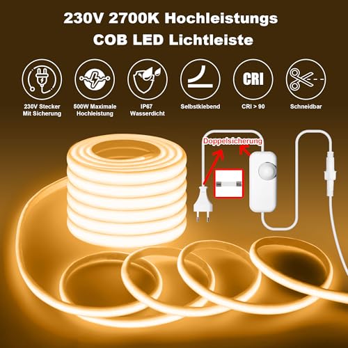 Gliztech IP67 Waterproof COB LED Strip AC 230 V Direct Plug, 20 m Super Bright LED Light Strip, Self-Adhesive Outdoor with Double Fuse Controller, 2700 K LED Strip, Warm White for Garden, Commercial Decoration