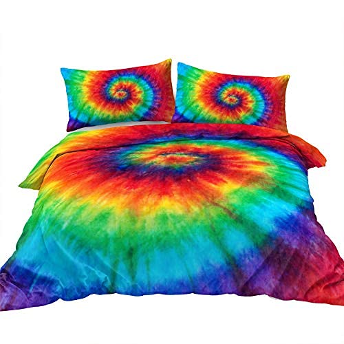 BlessLiving Boho Duvet Cover Set Spiral Tye Dye Pattern 3pc Bedding Double Size Rainbow Bedding Sets with 2 Pillow Shams Soft Comfortable Machine Washable