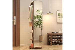KASLANDI Full Length Mirror with Brake Wheels, 70"x16", Unique Solid Wood Oversized Floor Mirror with Coat Rack, Full Body Mirror for Bedroom, Living Room (Walnut)