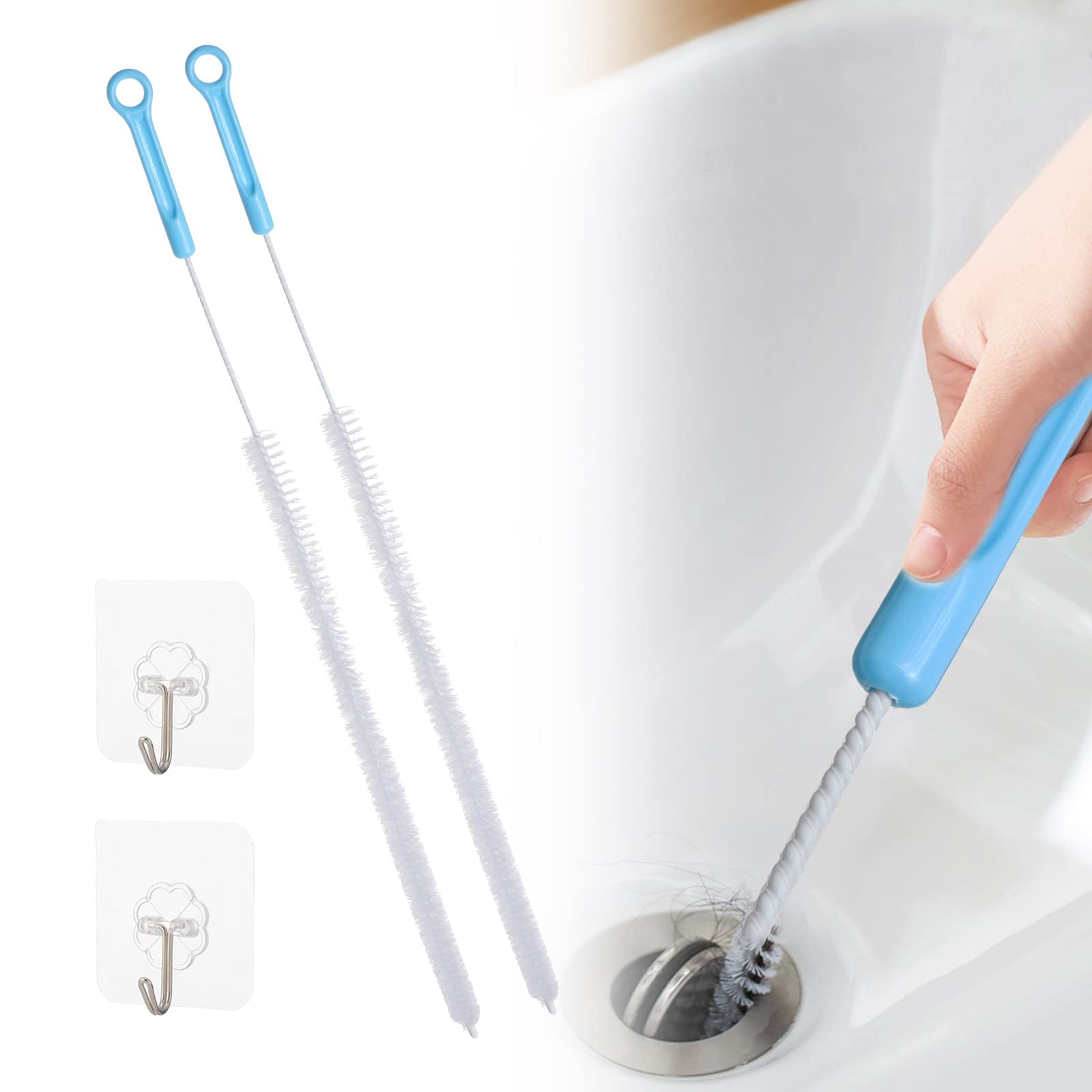 Ungfu Mall 2Pcs Sink Cleaning Brush, 71cm Extended Drain Snake Sink Unblocker Tool Sewer Cleaning Hook with 2 Pcs Sticky Hooks Drain Unblocker Tools for Sink, Bath Plug and Sewer, Blue
