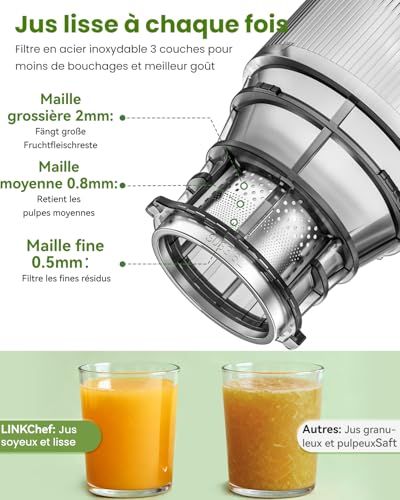 LINKChef Slow Cold Juicer Extractor, Opening 130 mm, Fruit and Vegetable Juice Extractor, Capacity 1.8 L, 250 W Slow Juicer Machine with Reverse Function, Easy to Clean, BPA Free