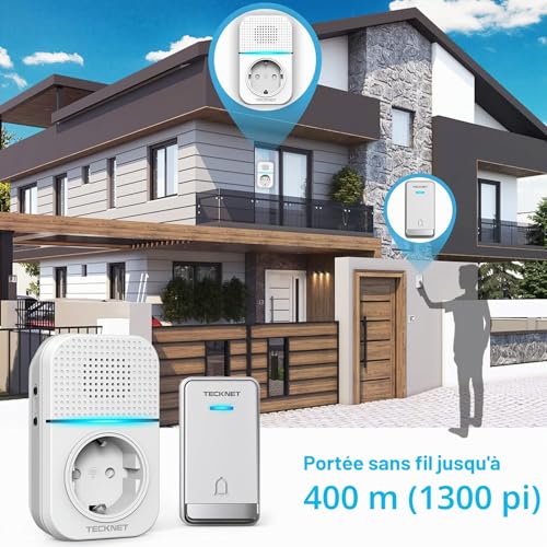 TECKNET 400m Wireless Doorbell IP65 Waterproof Electronic Chime Door Bell with Charging Function and LED Light, 60 Melodies at 5 Levels Volume