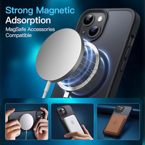 JETech 3 in 1 Magnetic Cover for iPhone 13 6.1 Inches with 2 Pack Tempered Glass Screen Protector, MagSafe Compatible, Translucent Matte Retro Case (Black)