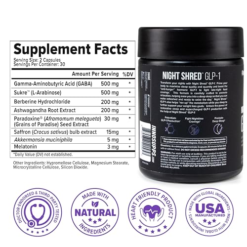 InnoSupps Night Shred GLP-1 Supplement Weight Loss - Night Time Fat Burner - Appetite Suppressant, Sleep & Metabolism Support with Ashwagandha, Akkermansia, Melatonin, GABA - 60 Capsules, 30 Servings