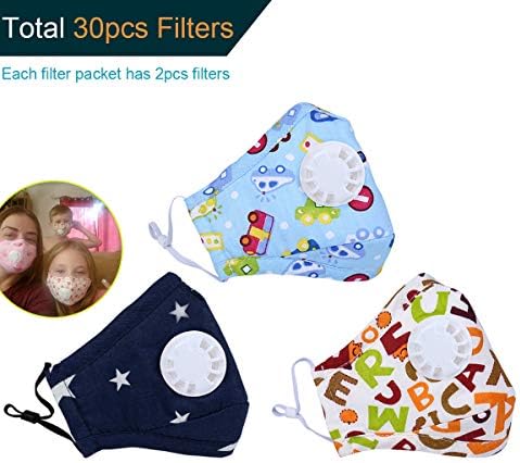 Dodoshop 3Pack Kids N95 Mask with 30Fliters and Valve Replaceable Outdoor Protection N95 4 Layer Filter Insert Anti Dust Mask 3 Pack + 30pcs Fliters