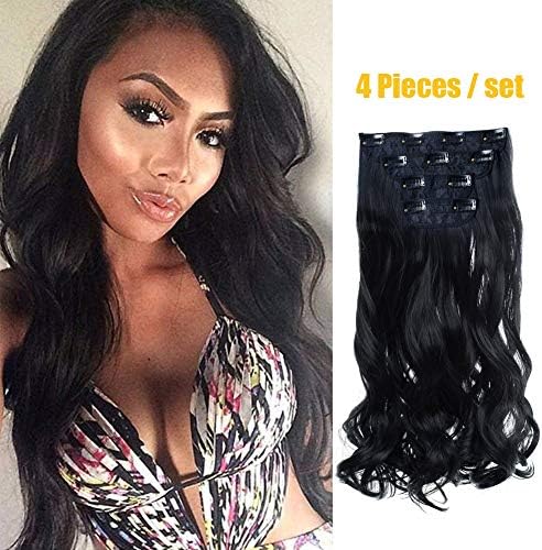 Super Thick 230g set Curl Wavy Full Head Clip In Hair Extensions For Women Black Thick Hairpiece Black Hair Exntensions With Clips 4 Pieces Set (Black - Curl)