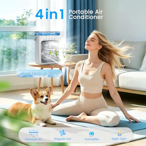 Mini Air Conditioner, 4-in-1 Portable Air Conditioner with 1000ML Water Tank Small AC Unit Air Cooler USB Powered Evaporative Cooler Cooling Fan with 2/4/8H Timer & Light for Office Bedroom Room