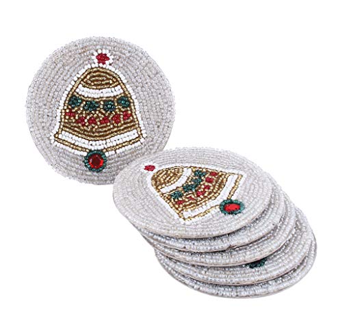 Christmas Bell Beaded Coaster 4 Inch - Tea Coaster, Coffee Coaster, Dinning Table Accessories, Decorative Home Decor, Wedding Decoration, Dining & Serving Party Decor Gift Art- Set of 6 - Silver Red