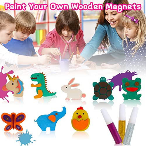 LOVESTOWN Paint Your Own Wooden Magnet, 16 PCS Wooden Magnet Creativity Kit Wooden Magnet Painting Craft Kids Magnet Art Kit for Birthday Party Favors Games Classroom Prize