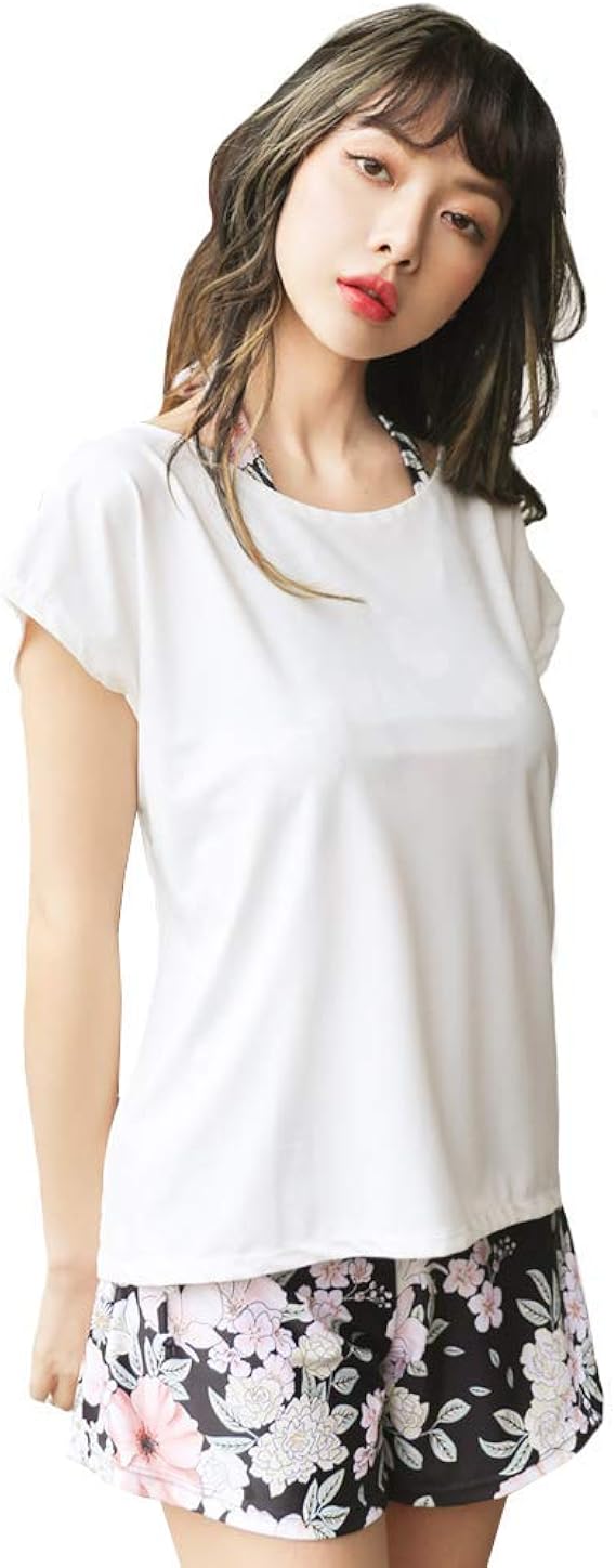 Amazon 水着 レディース タンキニ 半袖 セパレート 4点セット 体型カバー ショートパンツ ママ水着 大きいサイズ 黒 ブラック 白 ホワイト M L Xl 2xl タンキニ 通販