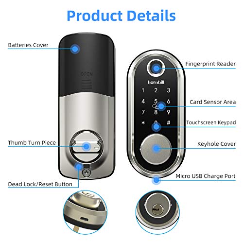 Smart Lock, hornbill Fingerprint Deadbolt Lock with Touchscreen Keypad, Keyless Entry Front Door Lock, Bluetooth… - Image 2