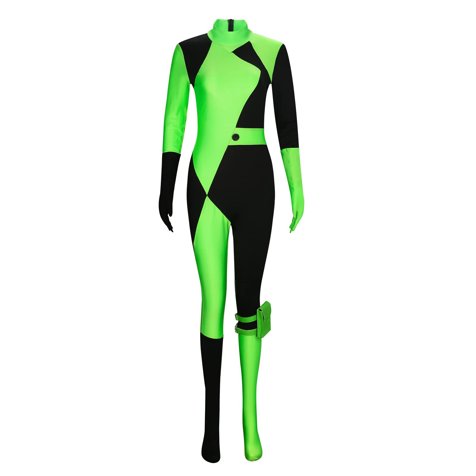 Funhoo Womens Shego Cosplay Costume Bodysuit Jumpsuit with Gloves Leg Pouch Green and Black Outfit for Halloween Party Carnival (XXL)
