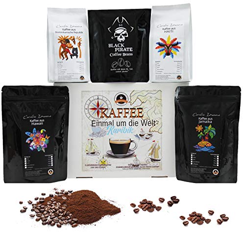 Kaffee "Einmal um die Welt" - Karibik Box - 5 ausgefallene Kaffee Sorten - 4 x 100 g + 1 x 65 g (Fein Gemahlen)