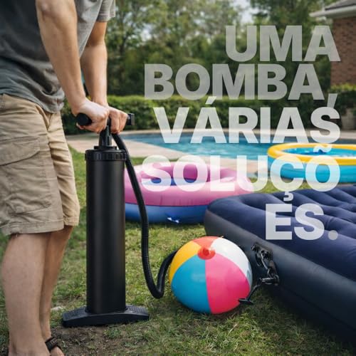 Bomba de Ar Manual Portátil para Colchão Inflável, Piscina, Boias e Bolas | Plástico Resistente, Mangueira Flexível, Bicos Adaptadores
