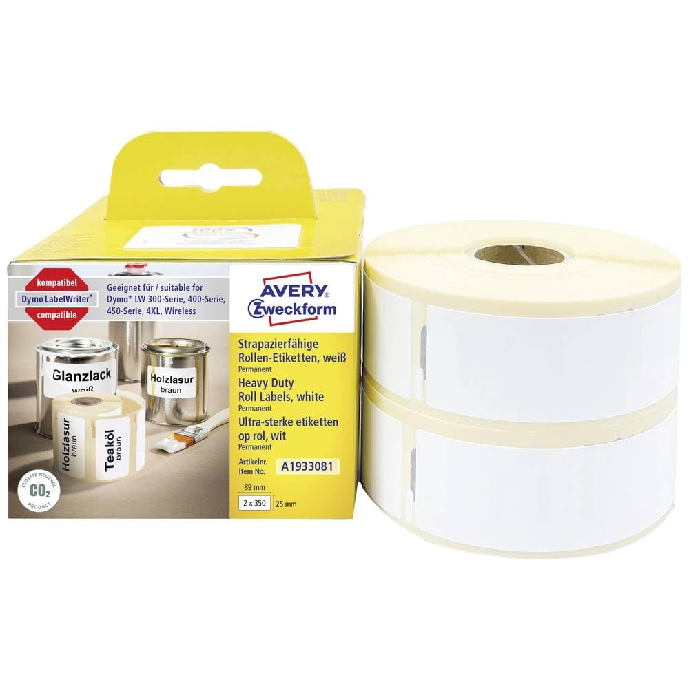 AVERY Zweckform A1933081 Dymo LabelWriter Weatherproof Labels Compatible with 1933081 25 x 89 mm 2 Rolls 700 Plastic Stickers Self-Adhesive for LW Dymo Label Printer Labelling Device