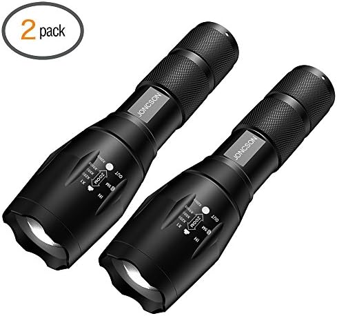 JONCSON LED Handheld Flashlight Zoom Waterproof Super Bright, 5 Light Modes Outdoor Tactical Flashlight, 2 Pack