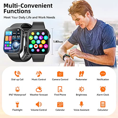 Smart Watch for Men Answer/Make Calls,1.83 Full Touch Screen Sports Smartwatch IP67 Waterproof Wacth for Men,Fitness Smart Watches with 24/7 Heart Rate Blood Oxygen Sleep Monitor for Android and iOS