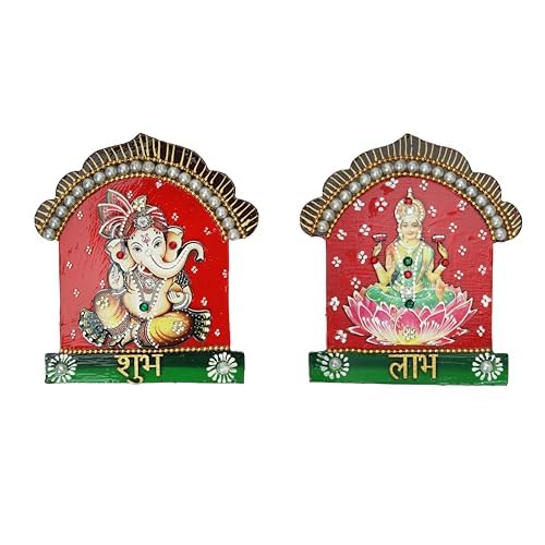Auspicious Wooden MDF Laxmi Ganesh Shubh Labh Wall Hanging Bandanwar Door Wall Hanging for Indian Traditional Festival Diwali Decorations Handmade Showpiece for Home Décor(Size:-5"X4")(Red,Green)