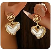 Pearl Heart Dangle Earrings for Women,Chunky Baroque Pearl Heart Earrings,Thick Gold Love Drop Earrings