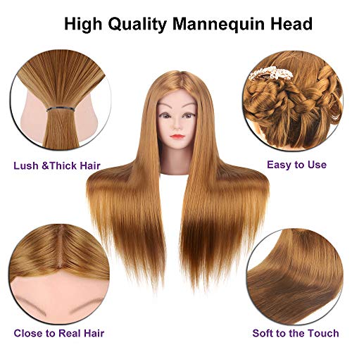 Mcwdoit 26 Inch Cosmetology Mannequin Head with Synthetic Hair, Manikin Head Hairdressing Practice Training Doll Head + Table Clamp + Hair Styling Kit