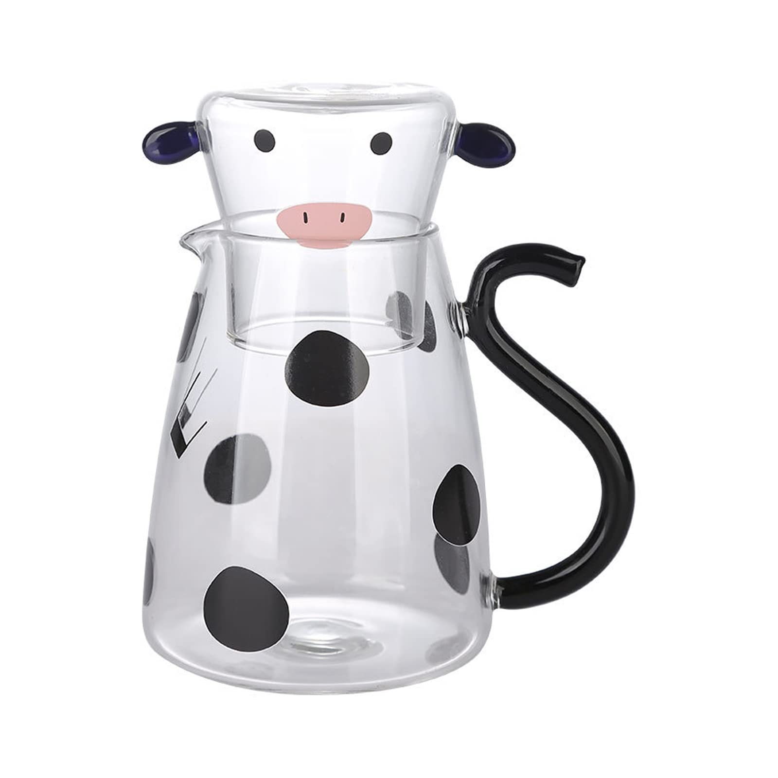 CAPRIZ Glass Pitcher Cows Glass Cups Water Jugs Teapot Pitcher with Mug Cartoon Cow Bedside Water Carafe and Glass Set Beverage Hot Cold Water Jug for Juice Milk Coffee Iced Tea