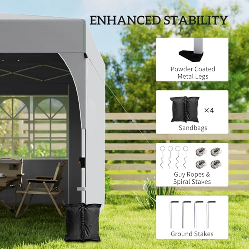 Outsunny 9.6 x 9.6 ft Pop Up Canopy Tent with 3 Sidewalls, UPF 50+ 1-Button Push Easy Setup Outdoor Instant Canopy Portable Shelter with 4 Sandbags, Carry Bag, Light Grey
