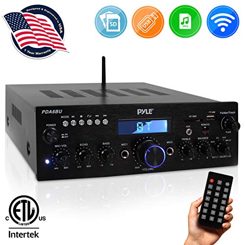 Wireless Bluetooth Power Amplifier System - 200W Dual Channel Sound Audio Stereo Receiver w/ USB, SD, AUX, MIC IN w/ Echo, Radio, LCD - For Home Theater Entertainment via RCA, Studio Use - Pyle PDA6BU