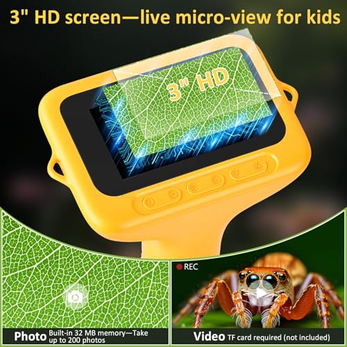 Microscope for Kids 3" IPS Screen Digital Microscope 1000X Magnification 1080P Handheld Microscope with 8 LEDs and 32MB Memory USB Pocket Microscope for PC/Mac
