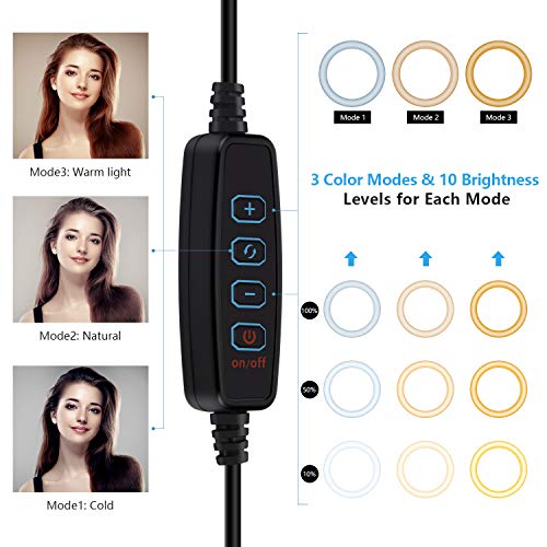 LED 10” Ring Light with Tripod Stand & Phone Holder for Tik Tok & Live Streaming, Dimmable USB Powered Desktop Makeup Ring Lights with 3 Color & 10 Brightness for Youtube Video Photography Shooting